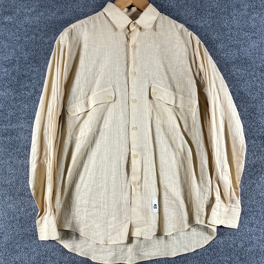 Vintage Reunion Shirt Mens S Beige Linen Cotton Blend Long Sleeve Pockets 70s